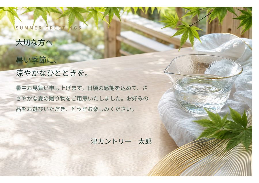 カード表面の見本。季節の挨拶文と本文、差出人名が印刷されている。